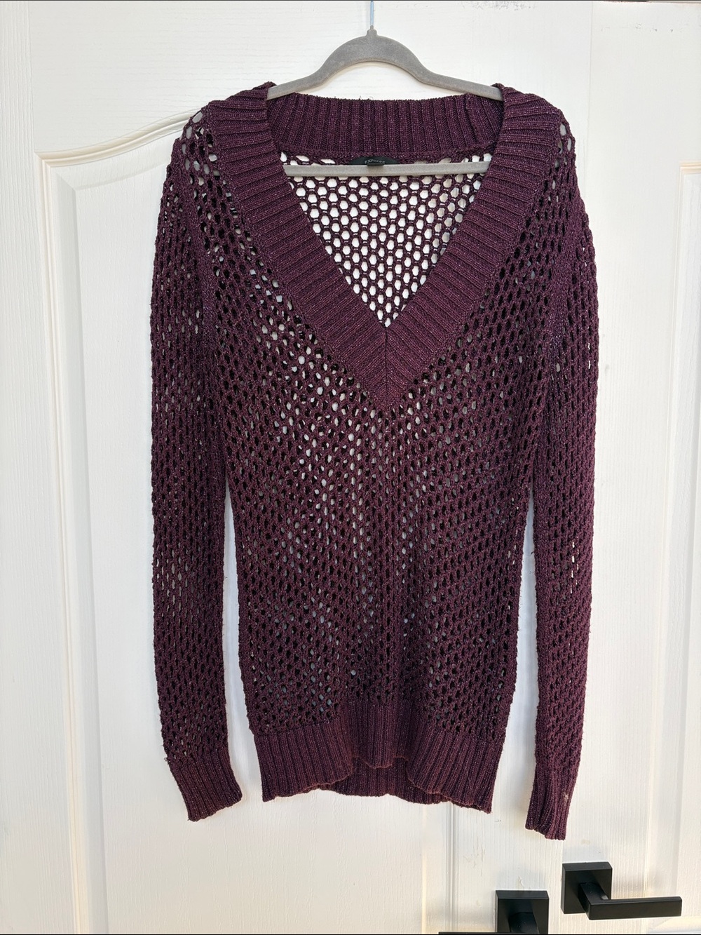 Express Open-Knit V-Neck Sweater - Plum